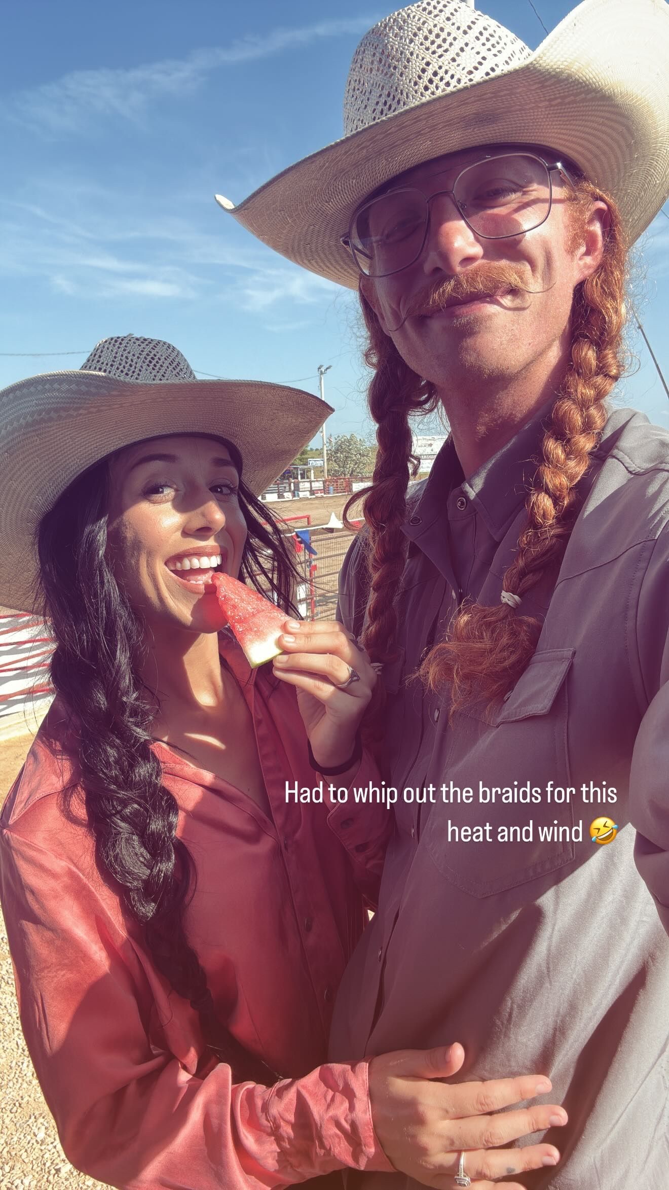 A series of eight similar photos showing a couple in western hats embracing outdoors against a bright blue sky.