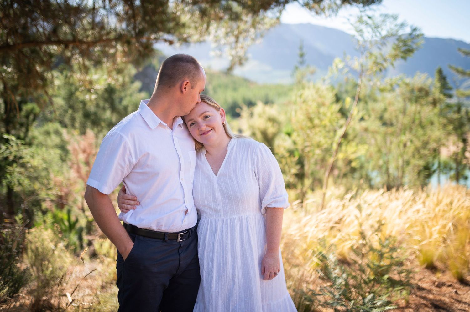 A set of casual outdoor portrait photos showing people in white shirts with natural scenery and trees in the background.