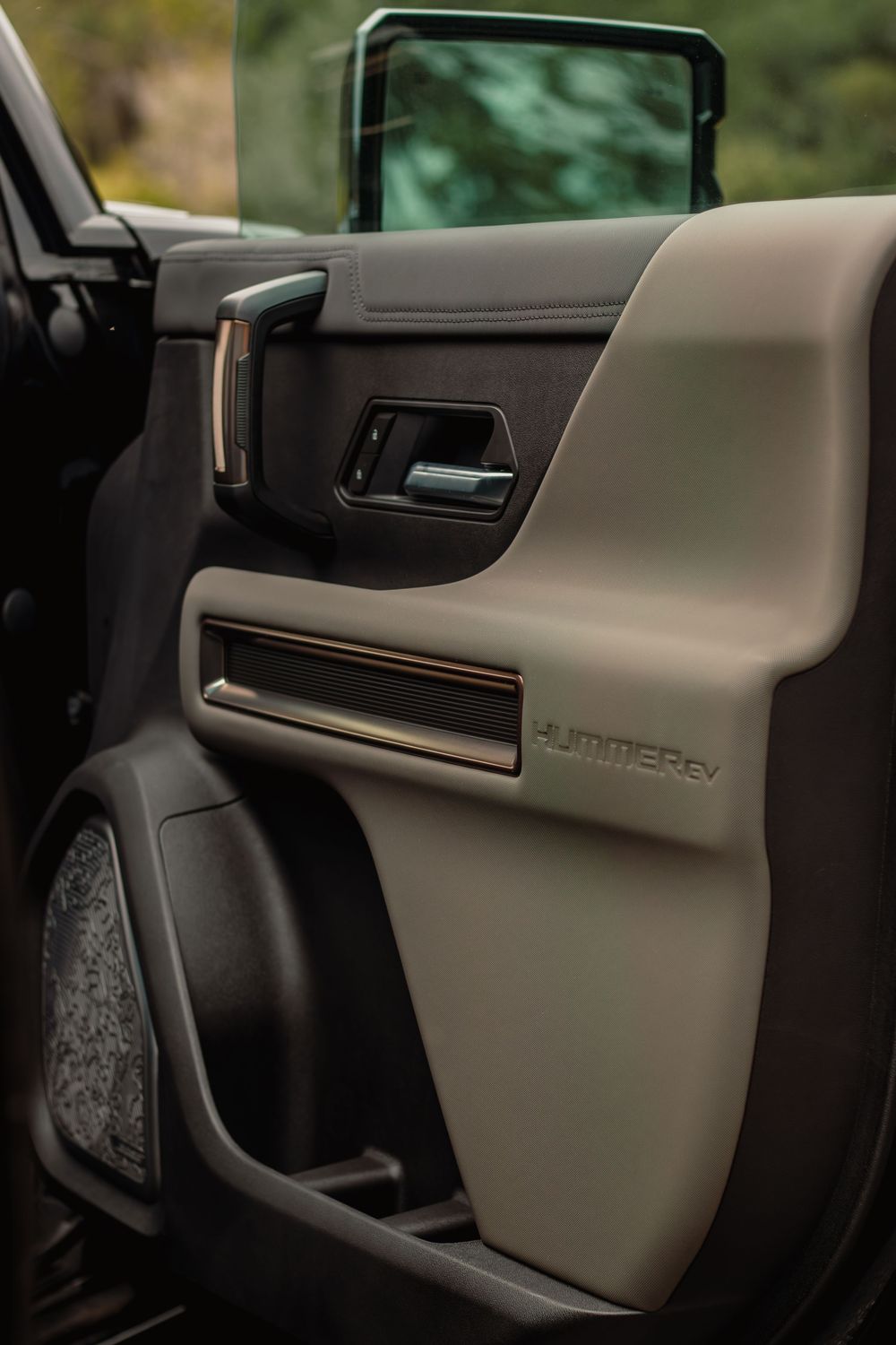 Interior view of luxury car door panels showing beige leather trim and wood accents in a sequence of detailed shots.