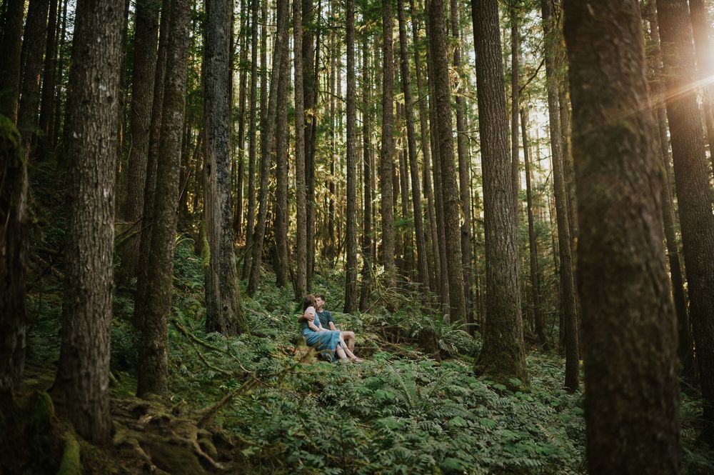 Adventurous couple engagement session photographer photoshoot of couple in Cumberland Forest Vancouver Island sitting in ferns and trees