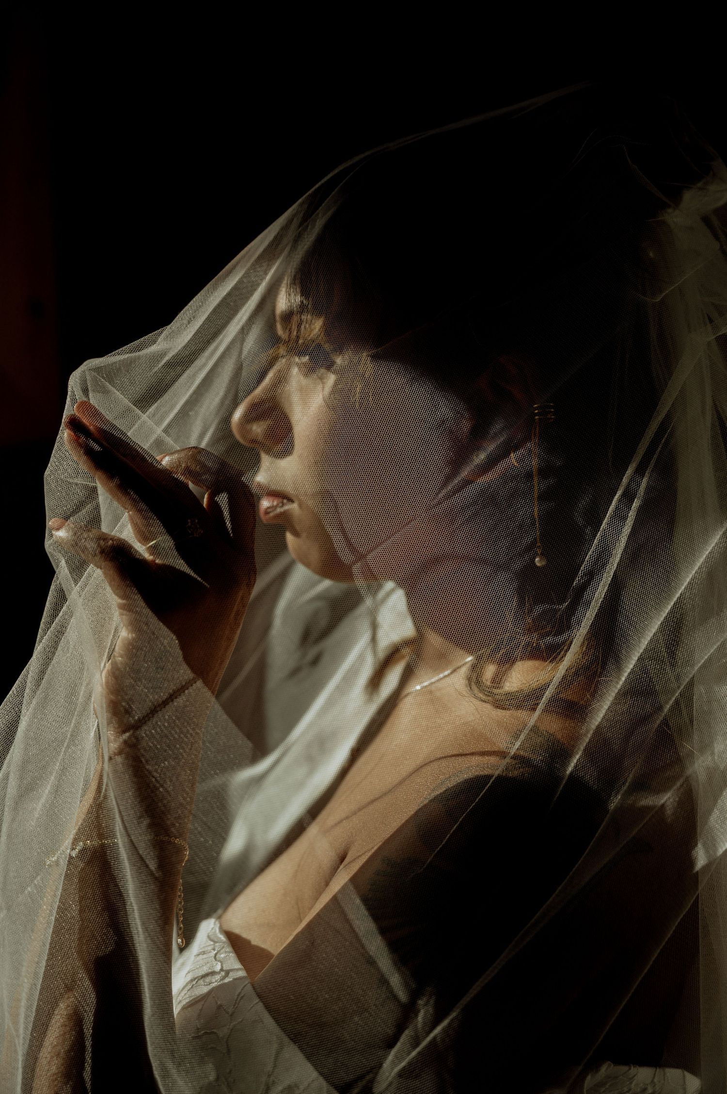 A dramatic artistic portrait through sheer fabric creates a soft, ethereal effect against a dark background.