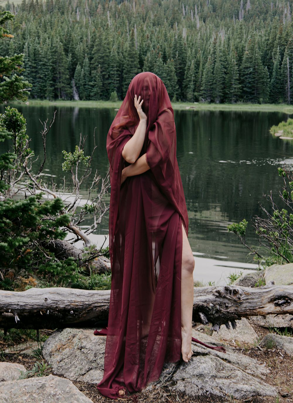 A figure in a flowing burgundy cloak poses dramatically on rocky terrain beside a serene mountain lake surrounded by evergreens.