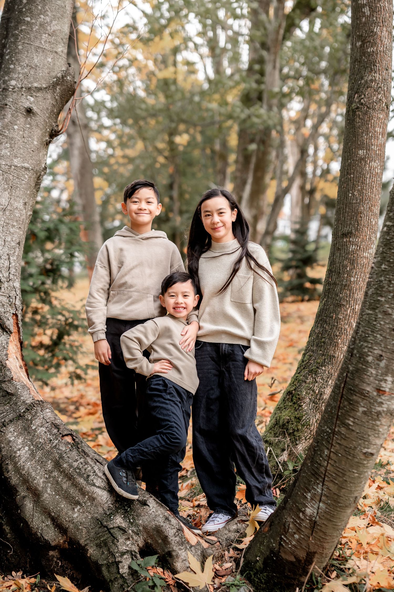 Four candid lifestyle photos show a family enjoying autumn together in a wooded area with fallen leaves.