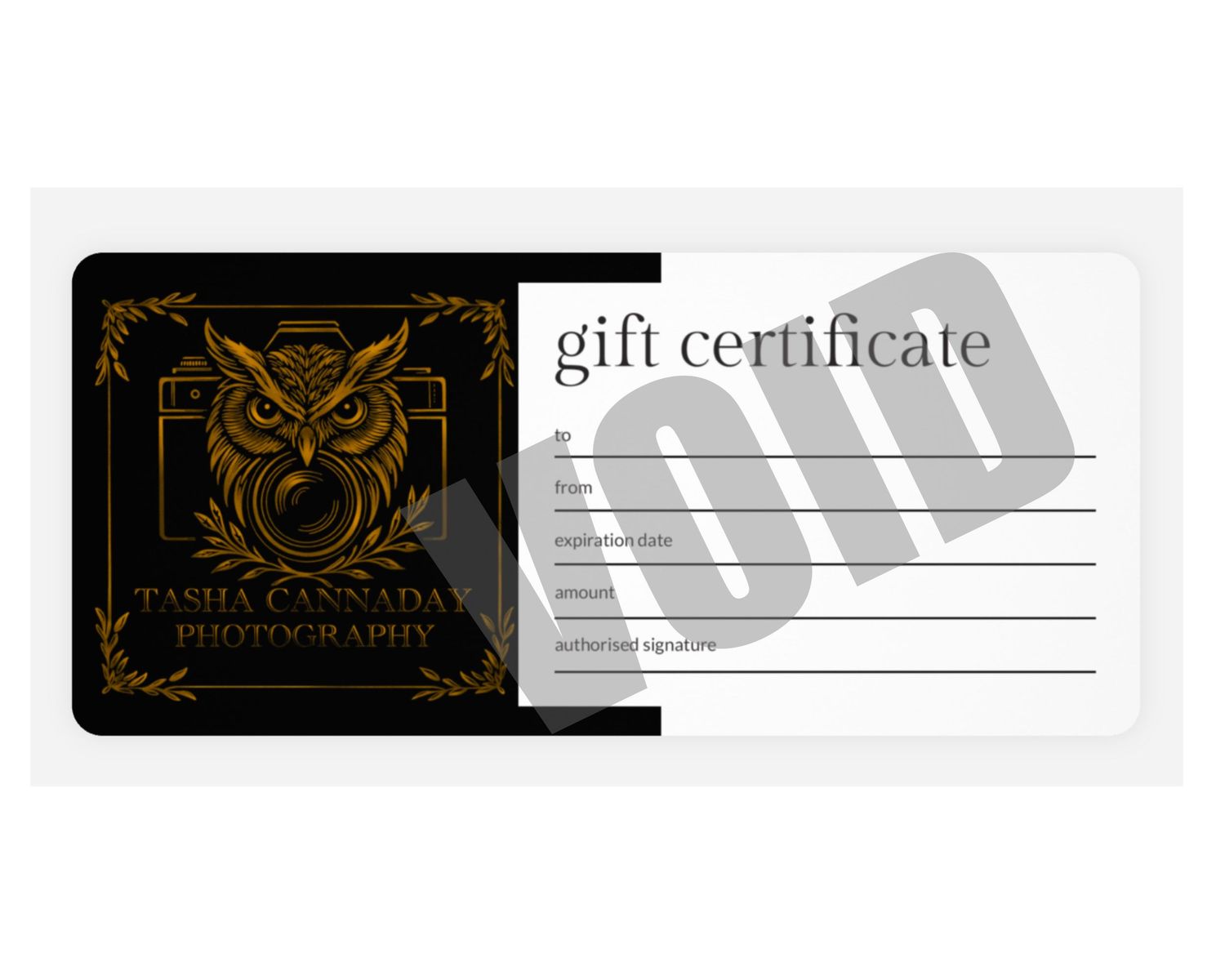 Photography gift card by Tasha Cannaday Photography in Windsor, Ontario, designed for gifting a professional photoshoot experience.
