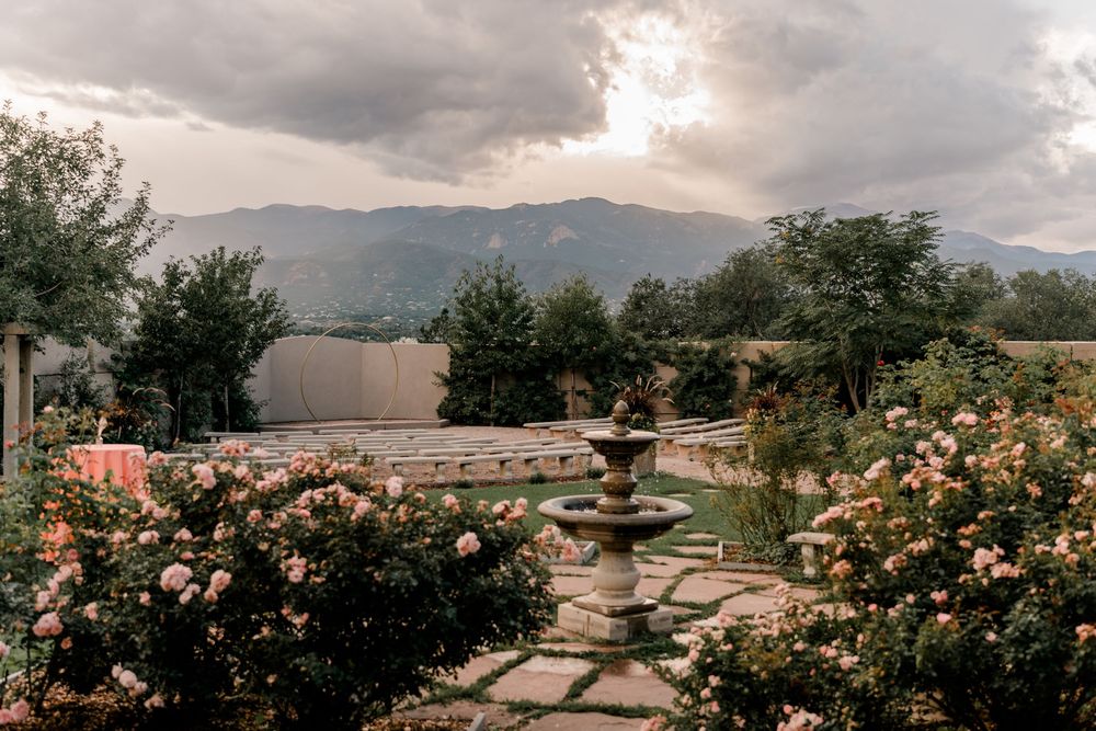 A panoramic view of a rose garden with blooming flowers against a cloudy mountain landscape at sunset.