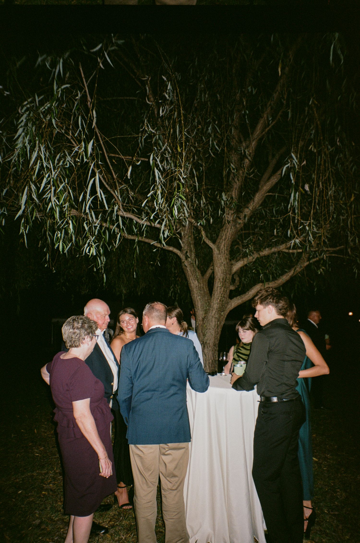 A group of people huddle together in conversation under a large tree at night during an outdoor gathering.