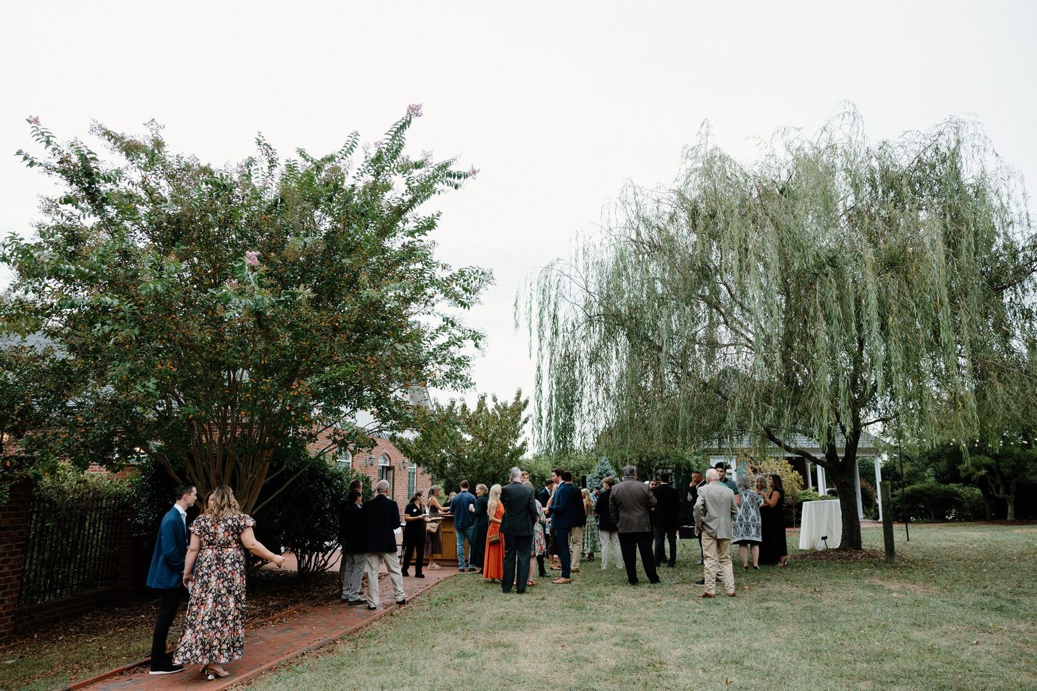 Wedding guests gather under weeping willow trees in an outdoor garden setting for a celebration.
