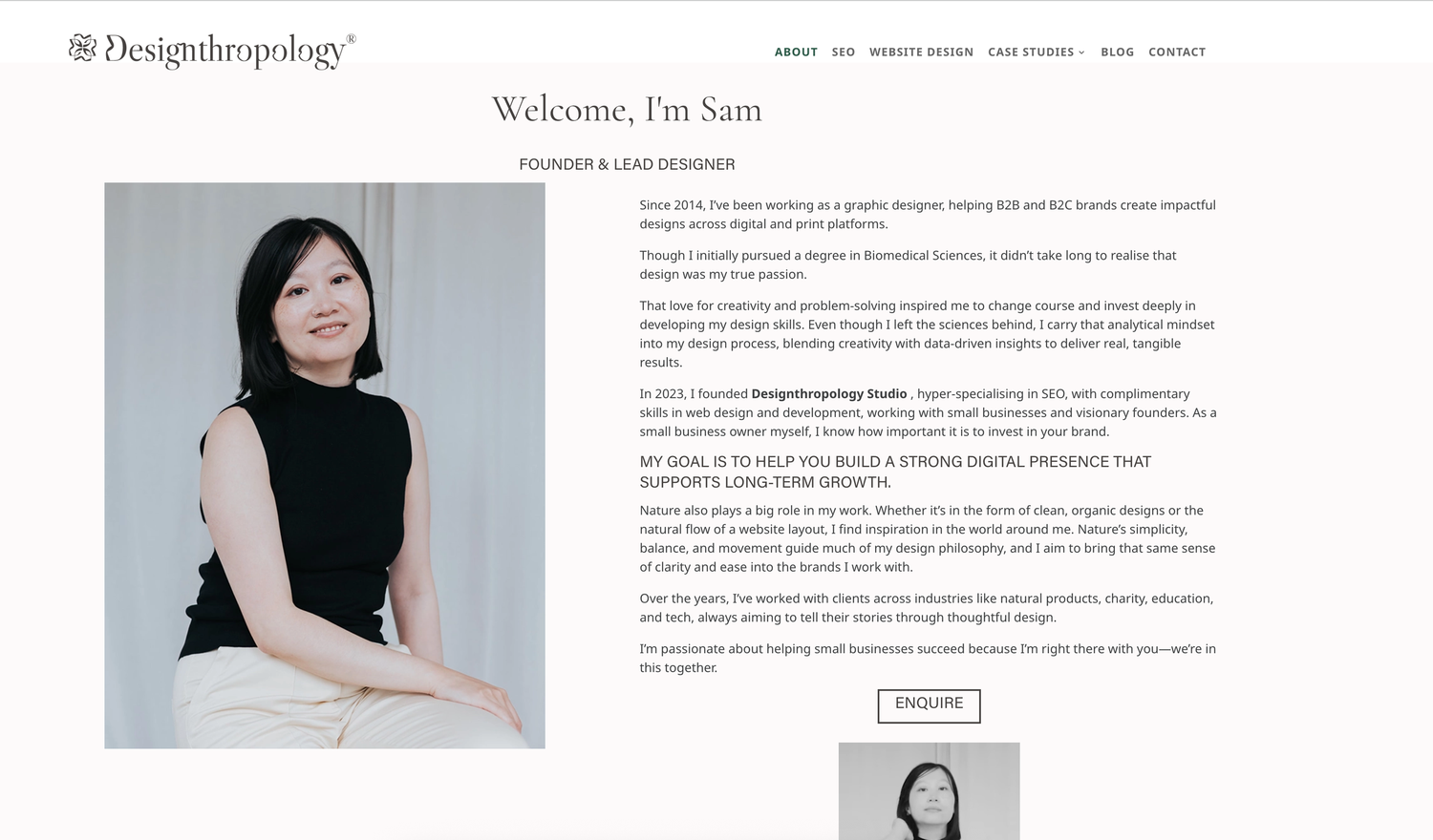 A clean and minimal website layout featuring a white background with text content and portrait photography.