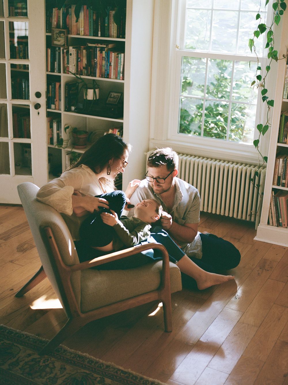 Casual lifestyle photos of people relaxing on a couch in a bright room with houseplants.