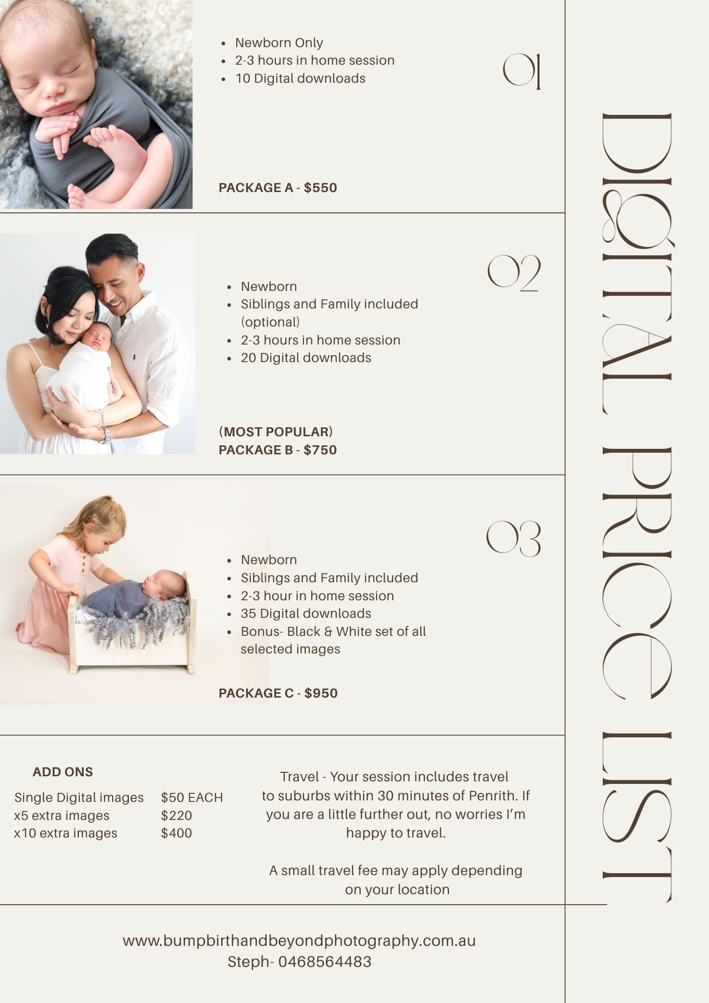 Newborn digital price list for bump birth and beyond newborn photography in Penrith and surrounding suburbs.