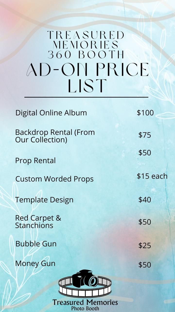 Ad-On options for our 360 booth. Have fun with these ad-on options.