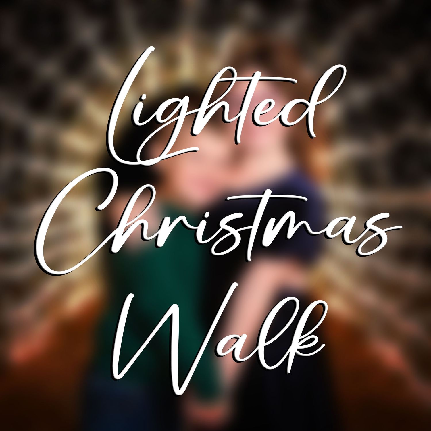 Decorative white text overlay reading 'Lighted Walk' against a dark blurred background.