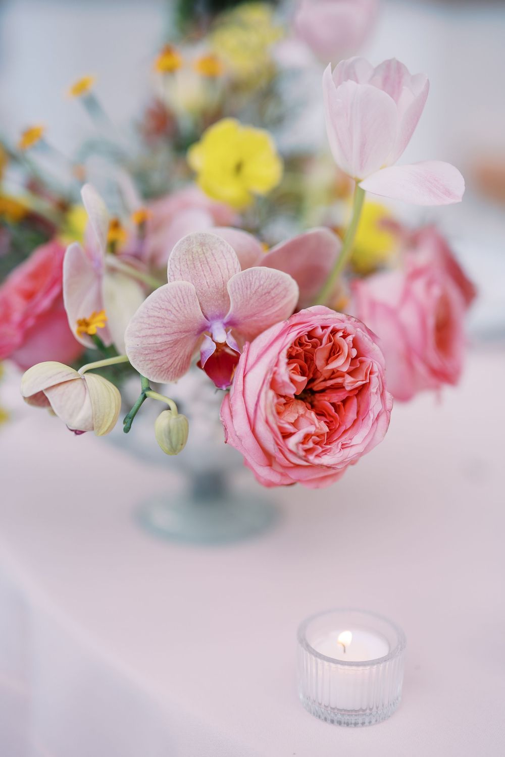 Delicate pink garden roses and yellow flowers arranged in soft focus with a romantic ethereal mood.
