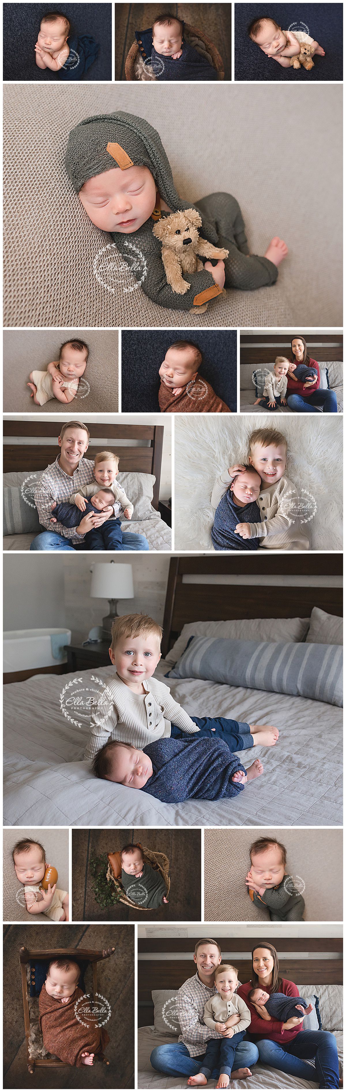 A collection of lifestyle family portraits showing tender moments between siblings and parents on beds and couches.