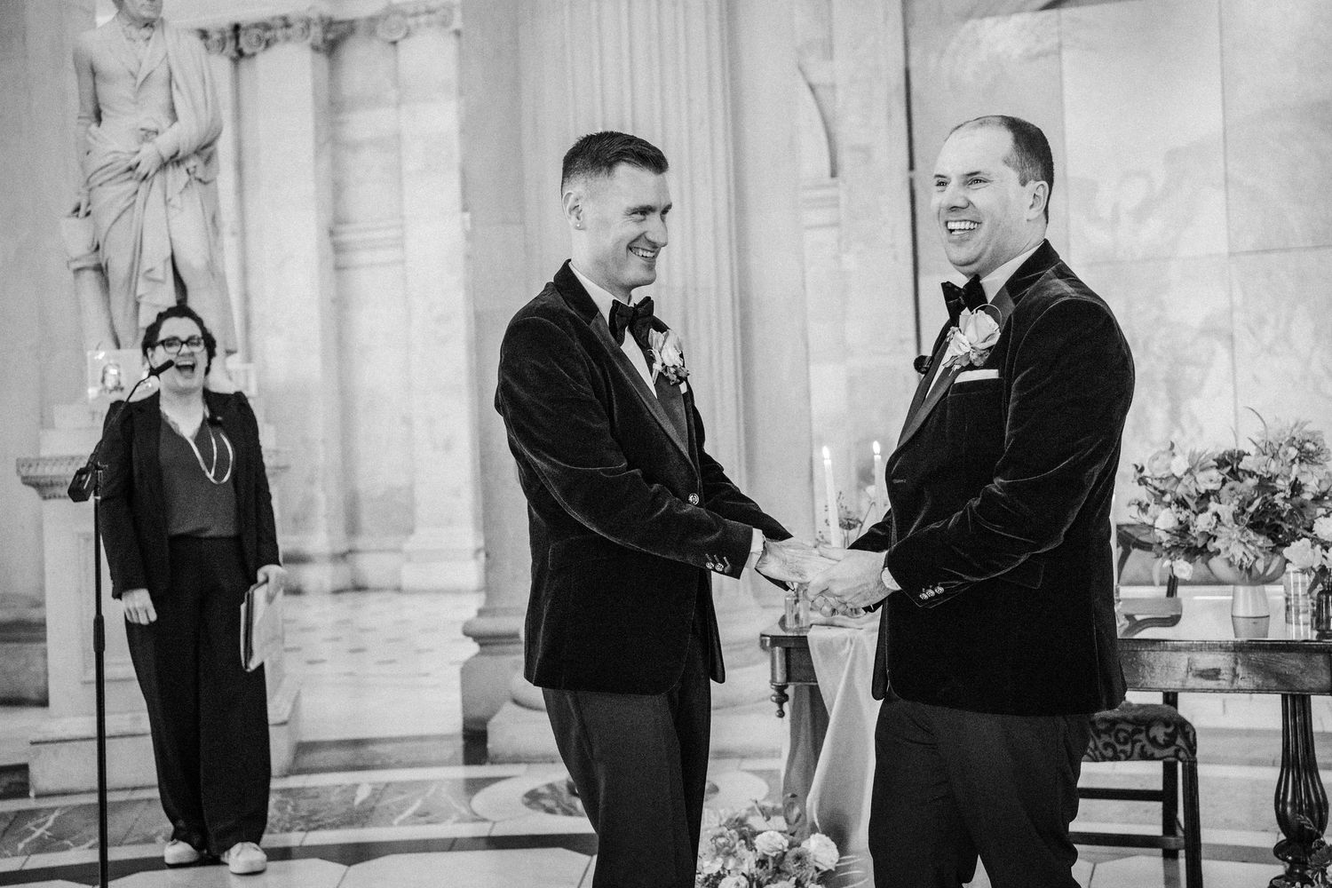 A black and white photo sequence shows a formal ceremony with two men in suits exchanging items at a government building.