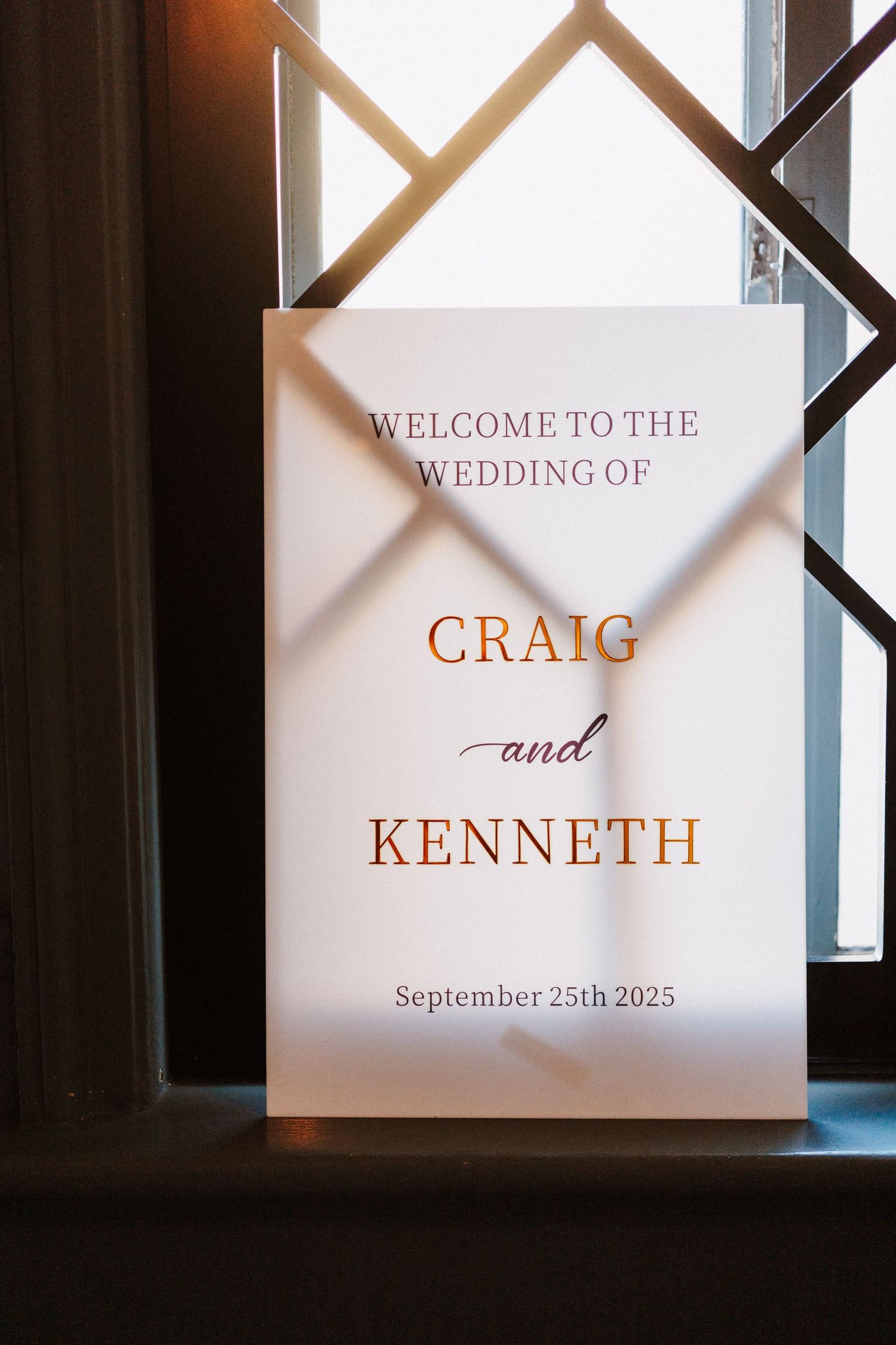 Wedding welcome sign showing names Craig and Kenneth with September 25th 2025 date displayed in elegant typography.
