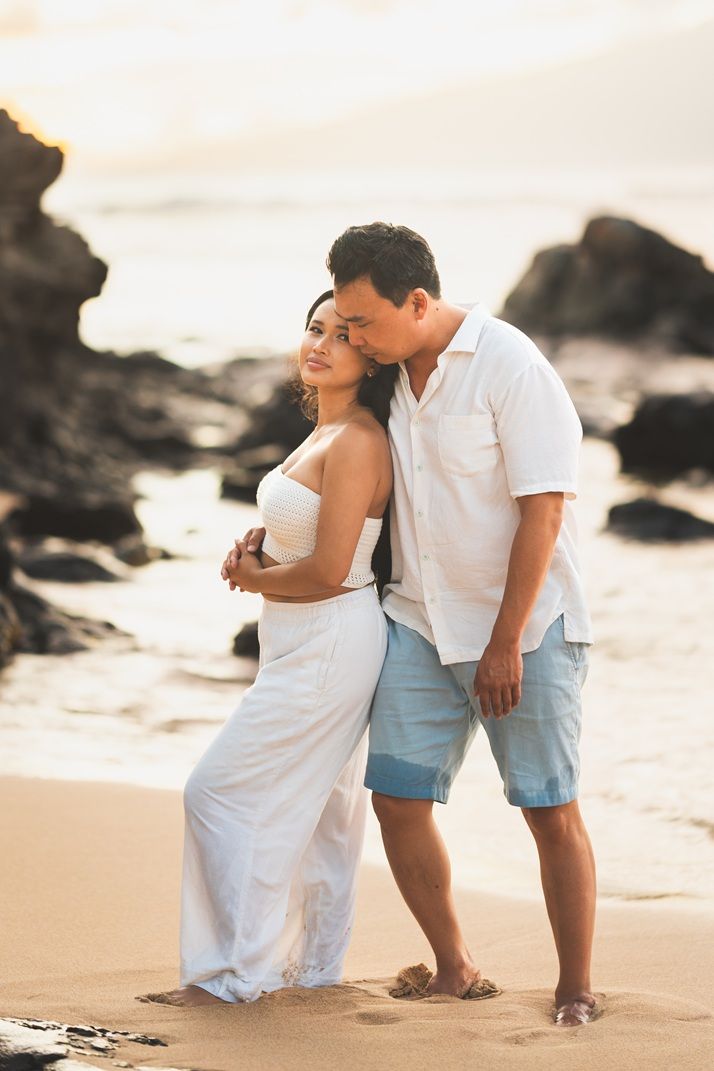 Proposal engagement couple photo shoot during sunset beach on Maui Hawaii by ohwowfotos