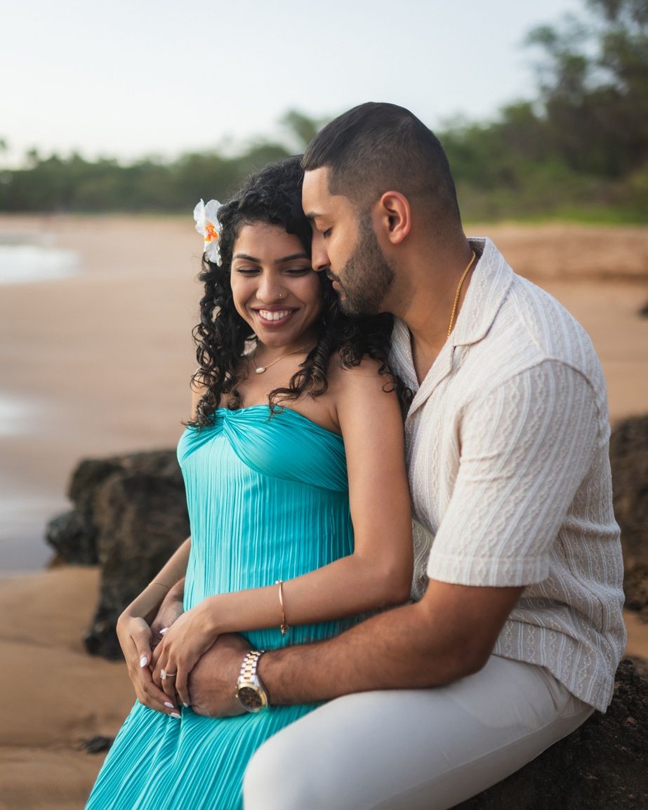 Proposal engagement couple photo shoot during sunset beach on Maui Hawaii by ohwowfotos