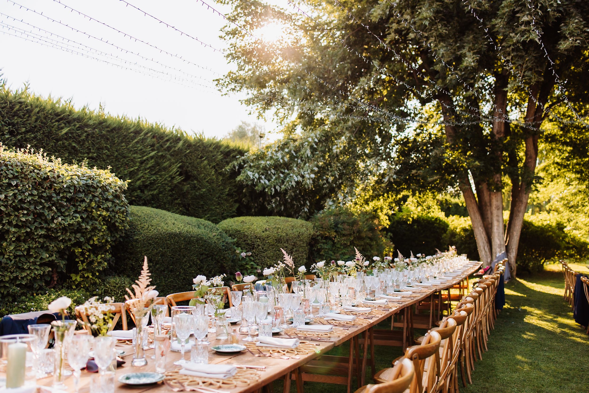 Long rustic dining table set for an elegant outdoor wedding reception under golden sunlight and tall hedges.