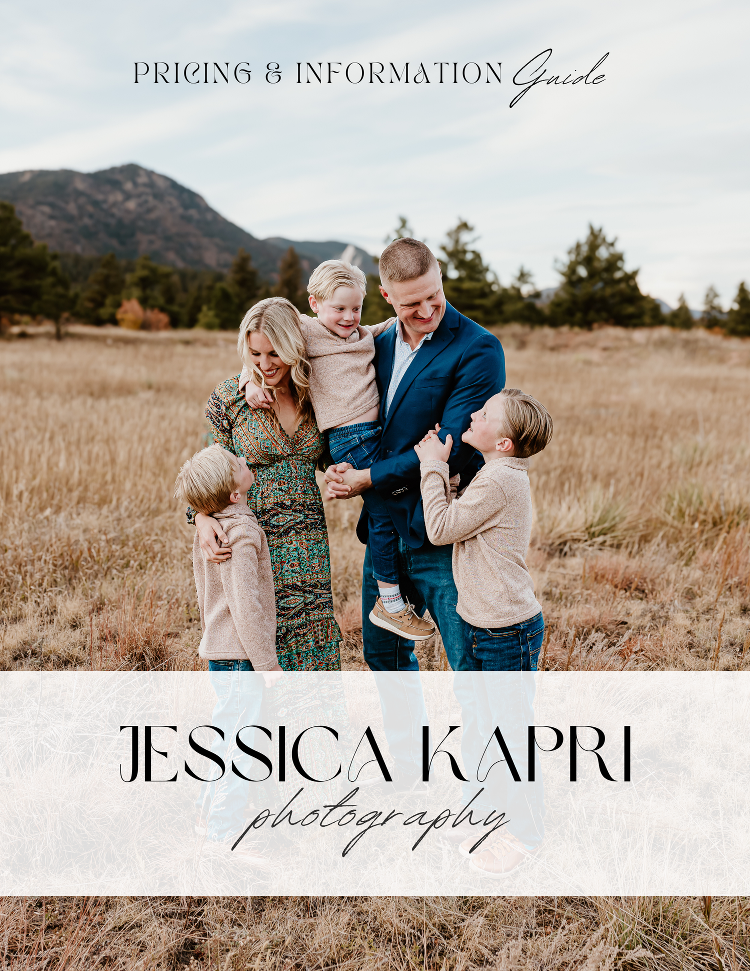 Professional photography branding collage featuring outdoor family portrait sessions in a golden field with mountains.
