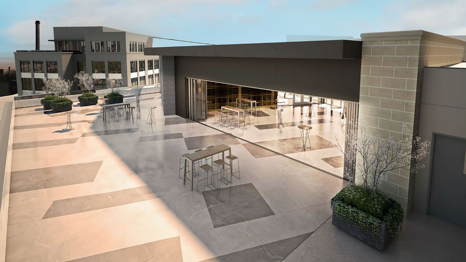 Modern wedding venue with floor-to-ceiling windows and contemporary architectural details.