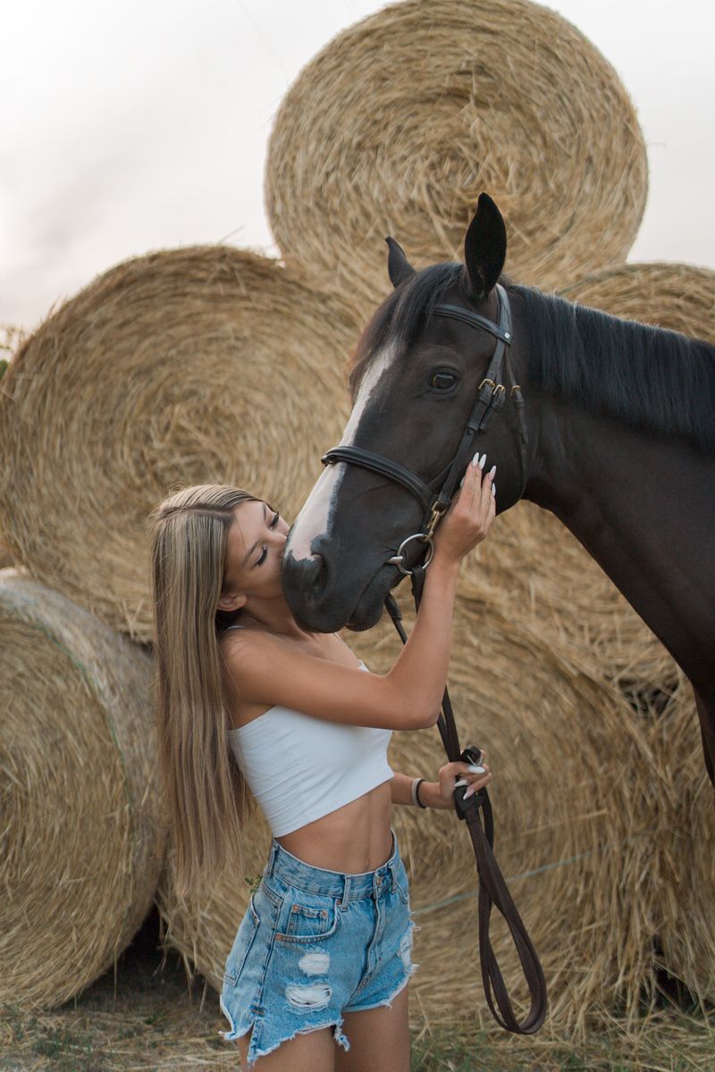 A girl interacting with a black horse against large round hay bales during an equine photoshoot in Sydney