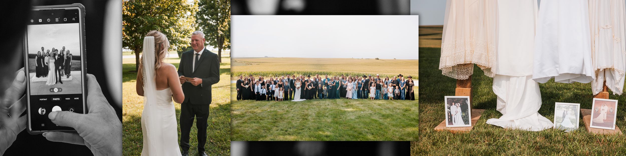 A collage of wedding ceremony and reception photos showing outdoor venue details and decorative elements.