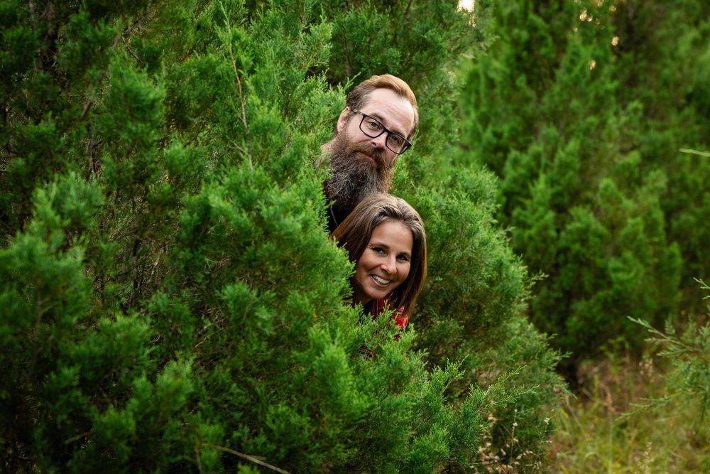 A series of outdoor portrait photos showing a person in a natural setting with lush green foliage and trees in the background.