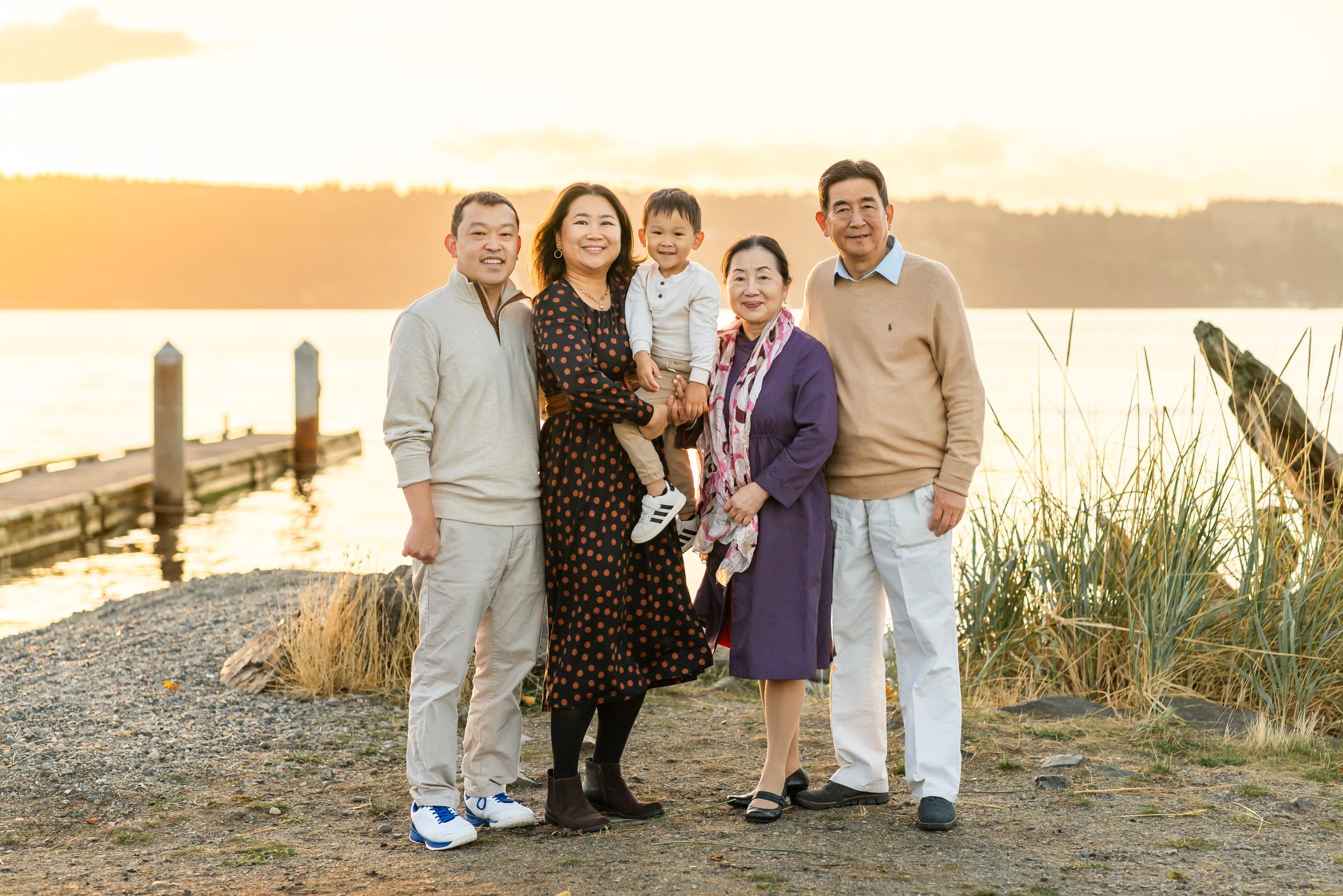 Extended family photo at sunset by the beach in Mukilteo.