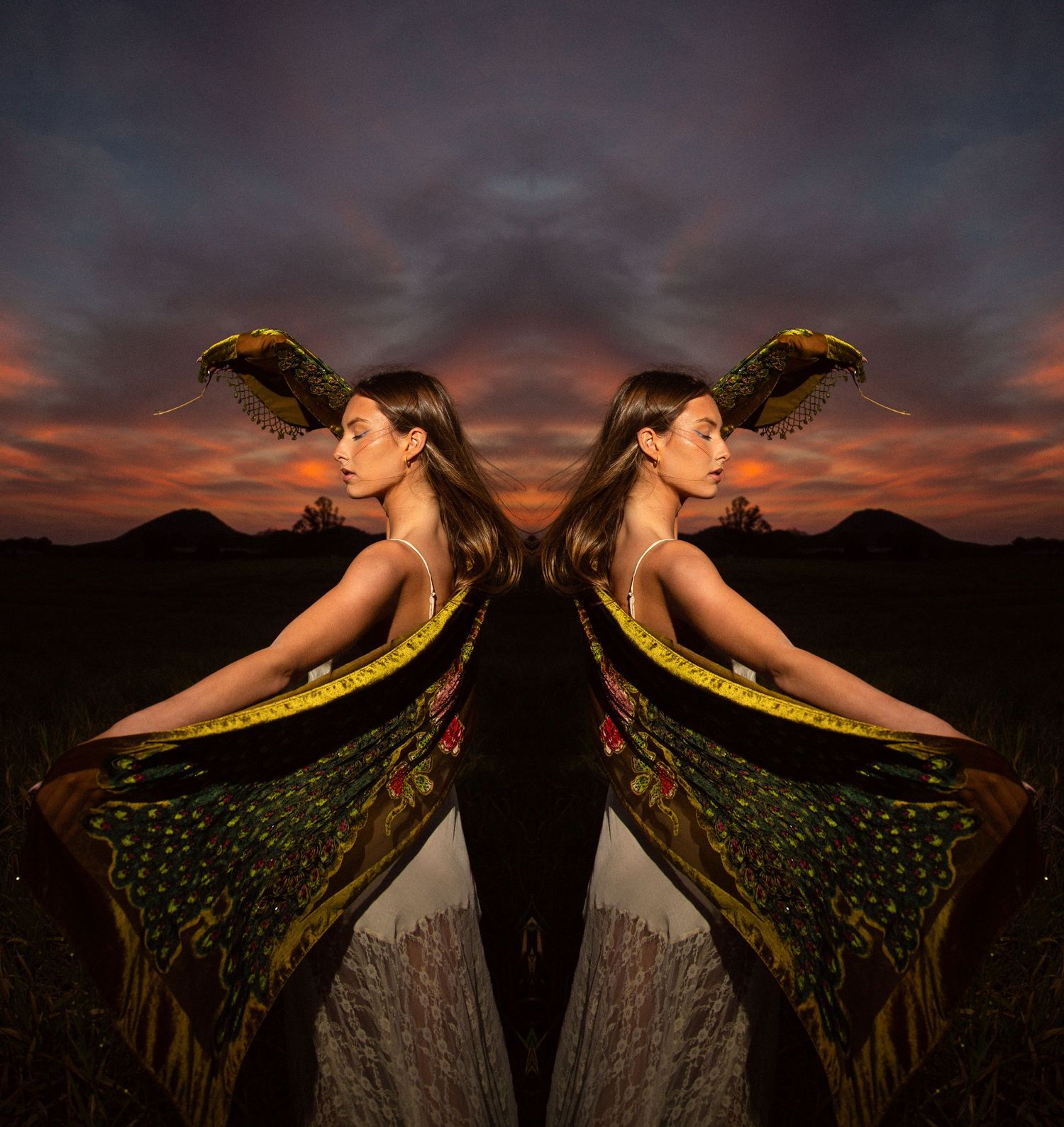 A figure stands in a field of tall grass during golden hour with dramatic clouds in the sky.