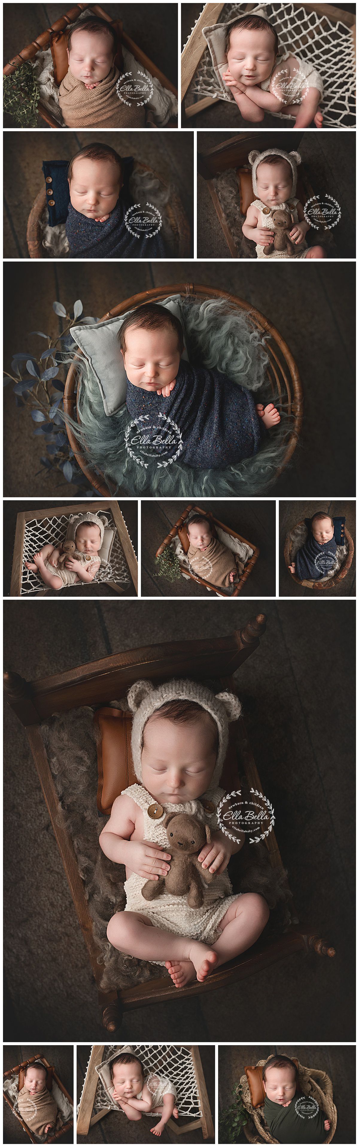 Newborn photography collection featuring cozy wooden props, soft textures, and neutral tones in a professional studio setting.
