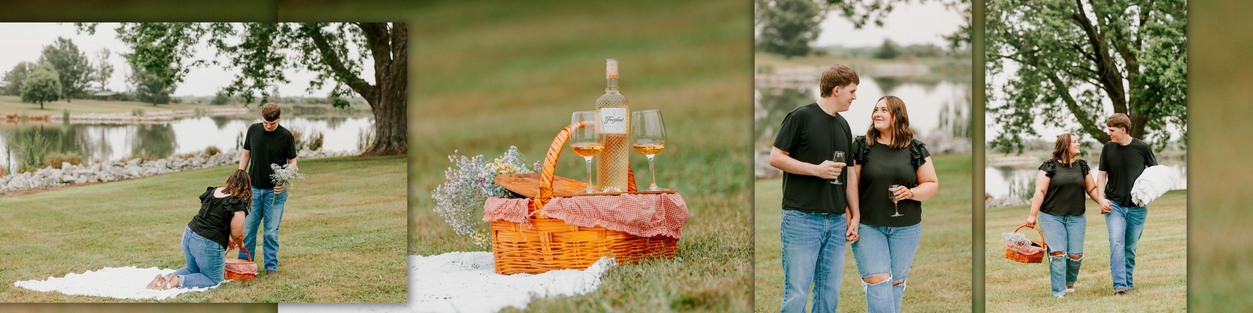 Three photos show a couple outdoors sharing special moments and posing with a golden-colored balloon display.