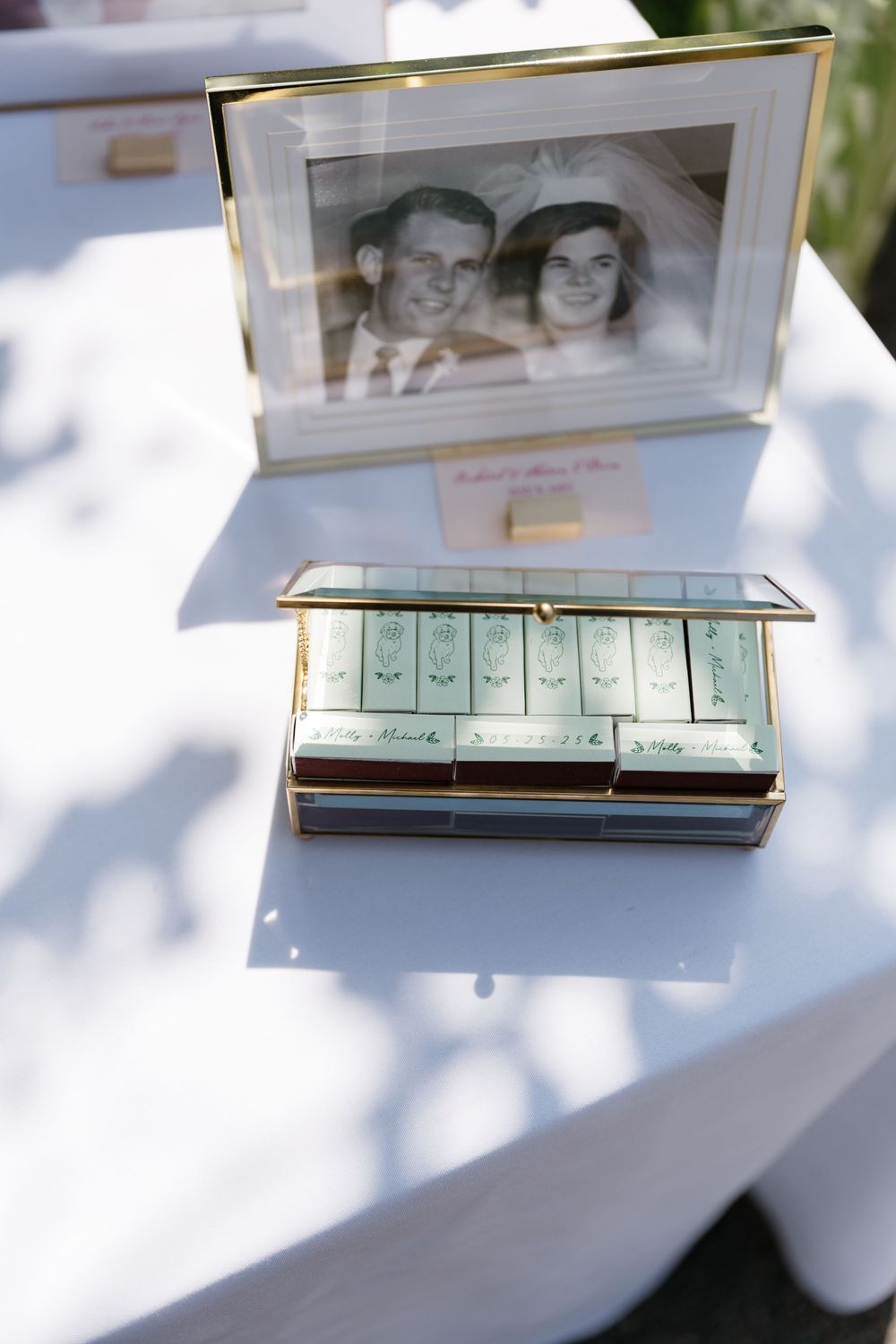 A series of vintage photographs displayed in an open book or album casting shadows on a white surface.