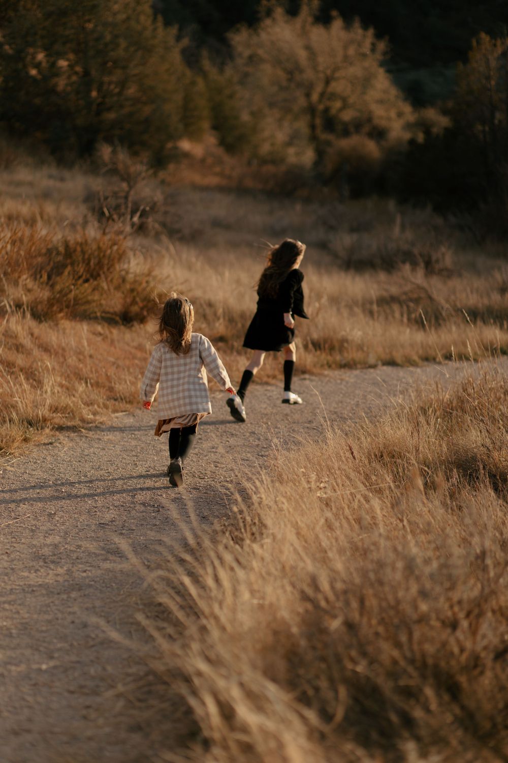 Two people walk along a sunlit dirt path surrounded by golden grass at dusk.