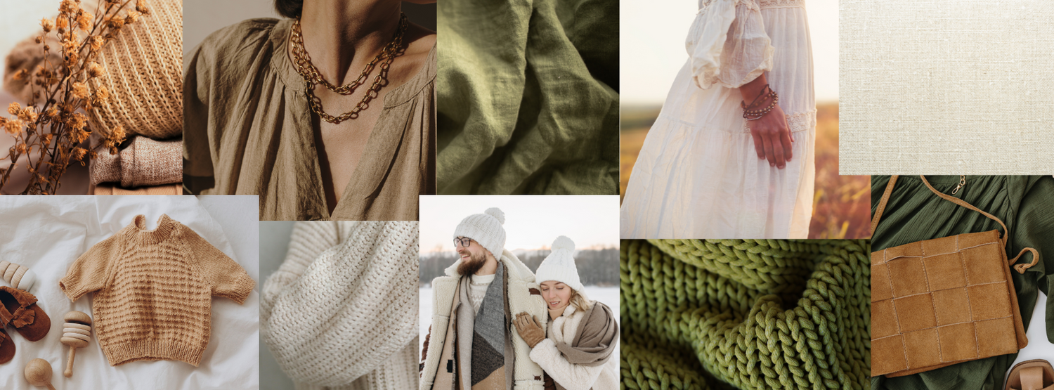 Mood board collage with neutral tones featuring knits, fabrics, and natural textures.