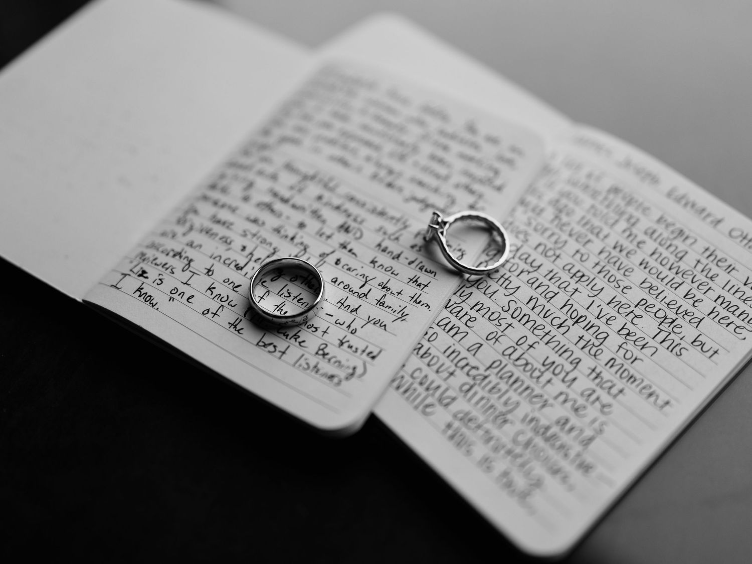 Two wedding rings rest on handwritten pages of what appears to be a personal journal or letter in black and white.