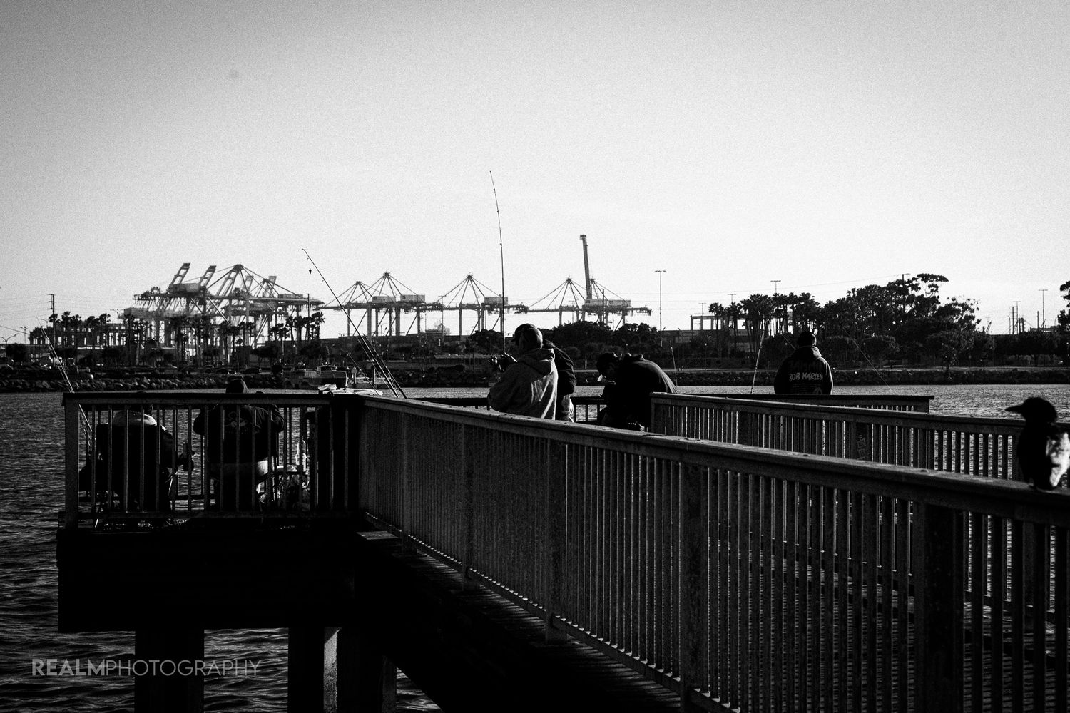 Black and white photograph of industrial port with cranes silhouetted against sky.