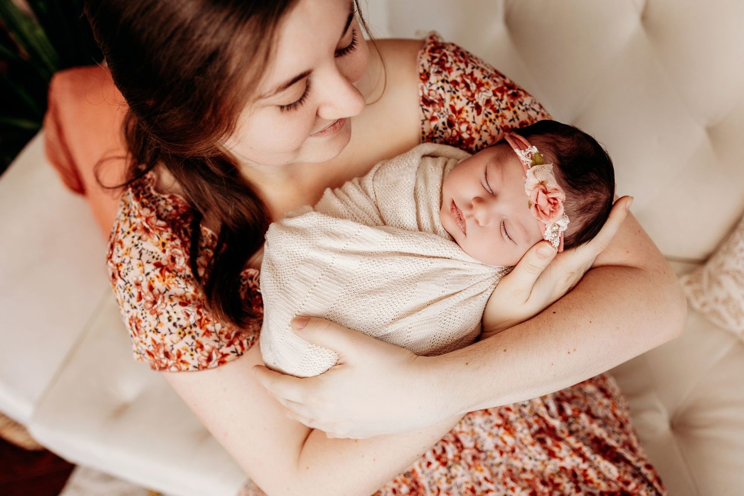 Newborn and mama portrait session in Urso Photography’s studio, capturing the tender moments of motherhood in Chattanooga.