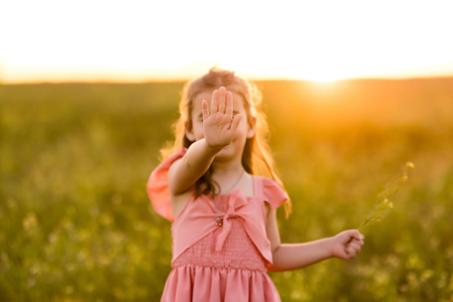 A playful pose in a pink dress against the golden sunset in a meadow.