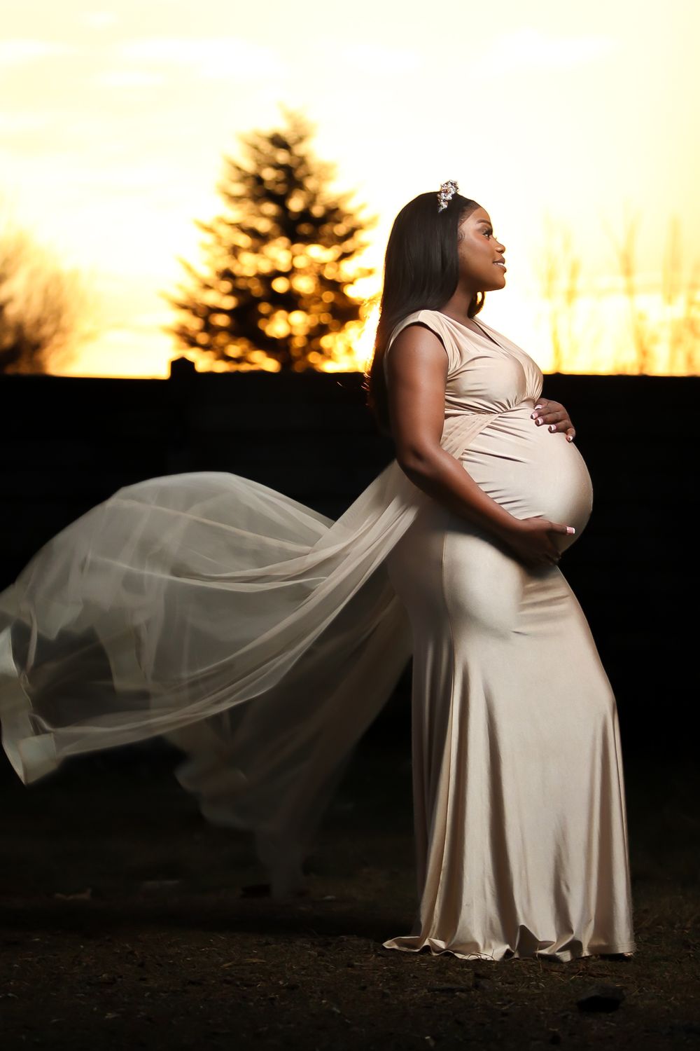 Dramatic maternity photo with flowing dress against sunset backdrop.