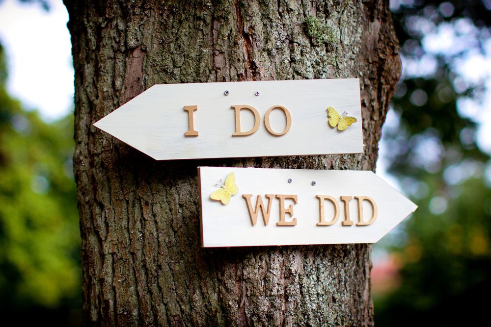 Wooden directional signs on tree trunk reading 'I DO' and 'WE DID' with gold decorations.