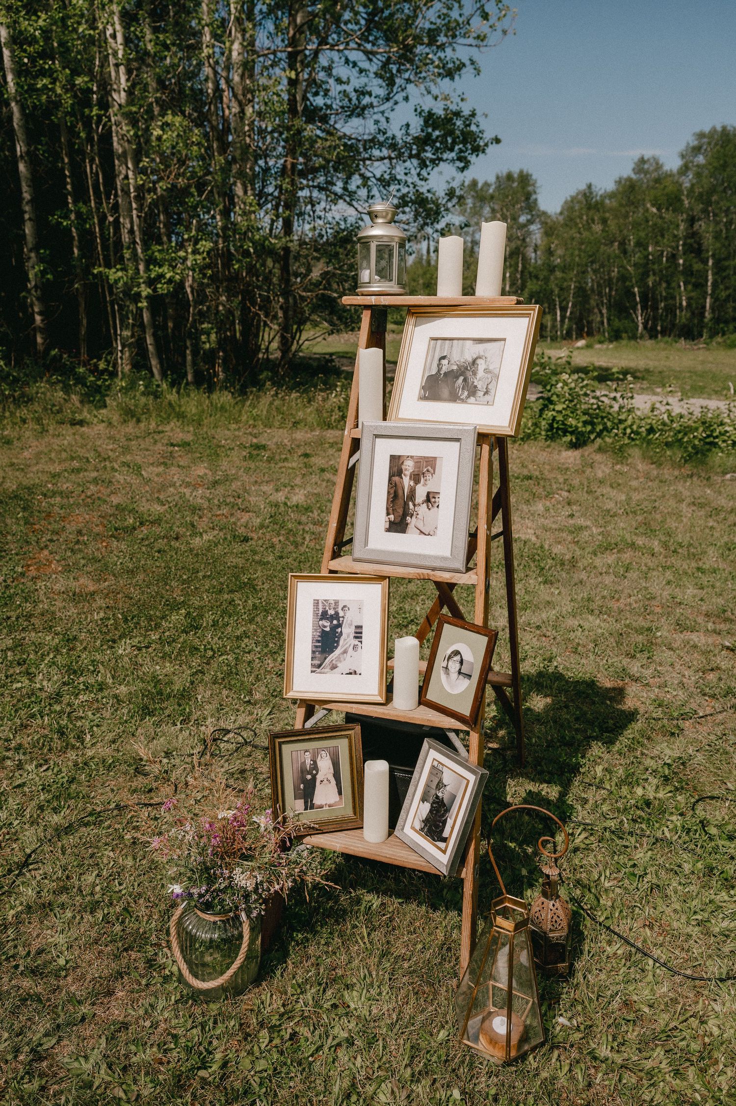 Vintage wooden ladder displays framed photographs outdoors against a wooded backdrop.