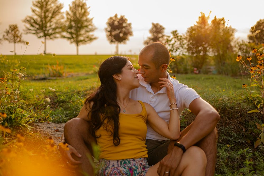 Couple sits among yellow flowers at sunset/golden hour. Wide shot of them sitting nose to nose at Lake Ontario, Kingston, ON, CA.