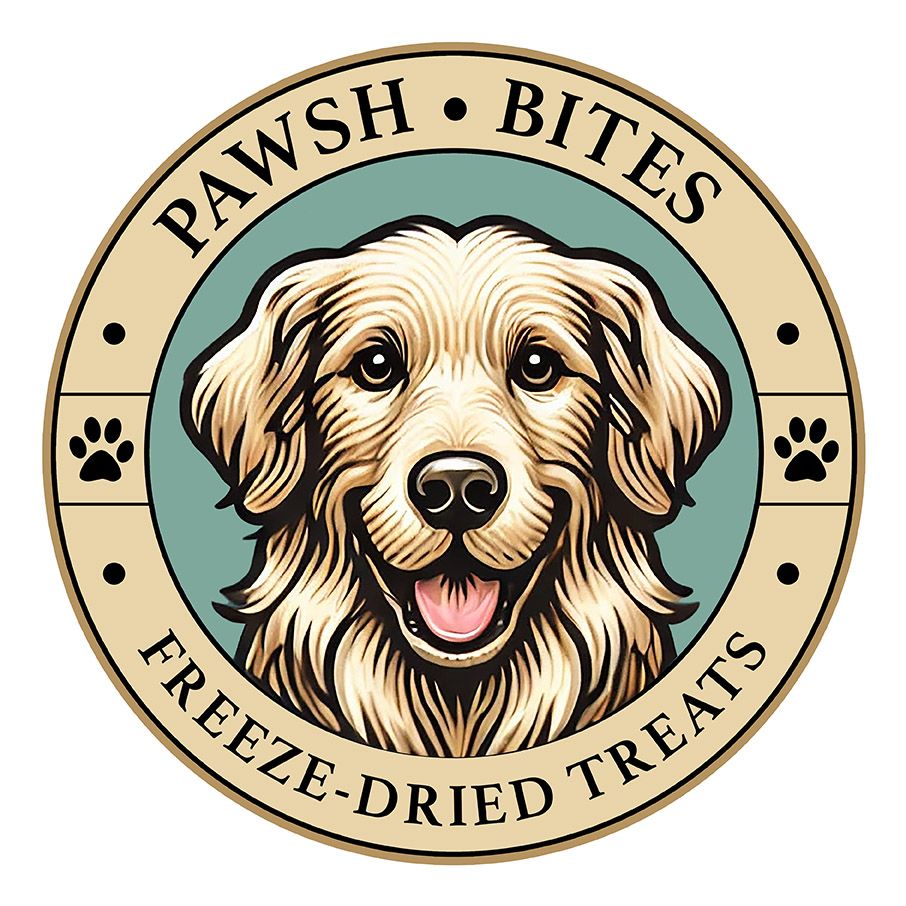 Circular logo design for Pawsh Bites featuring illustrated golden retriever for freeze-dried dog treats.