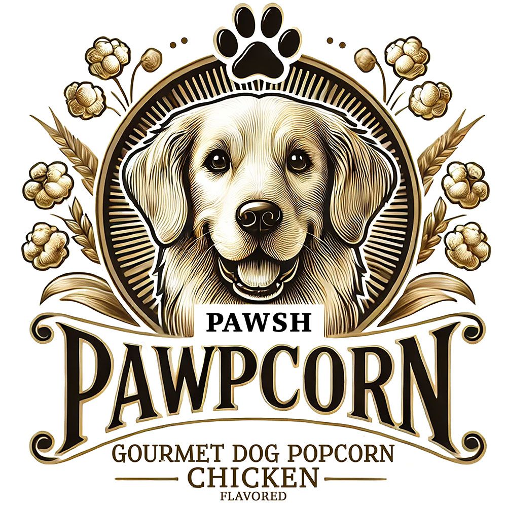 Vintage-style logo for Pawpcorn featuring illustrated golden retriever in decorative frame.
