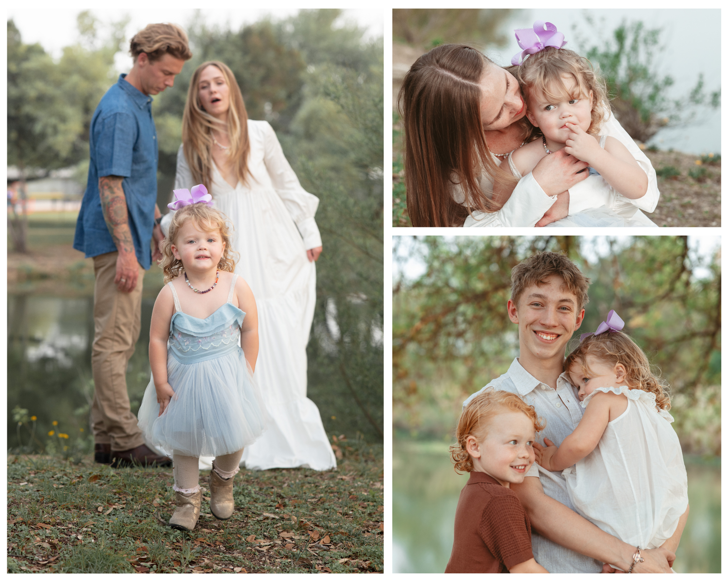 A family stands together outdoors in casual formalwear near a lake while sharing tender moments in a photo collage. Cedar Park Family Photos