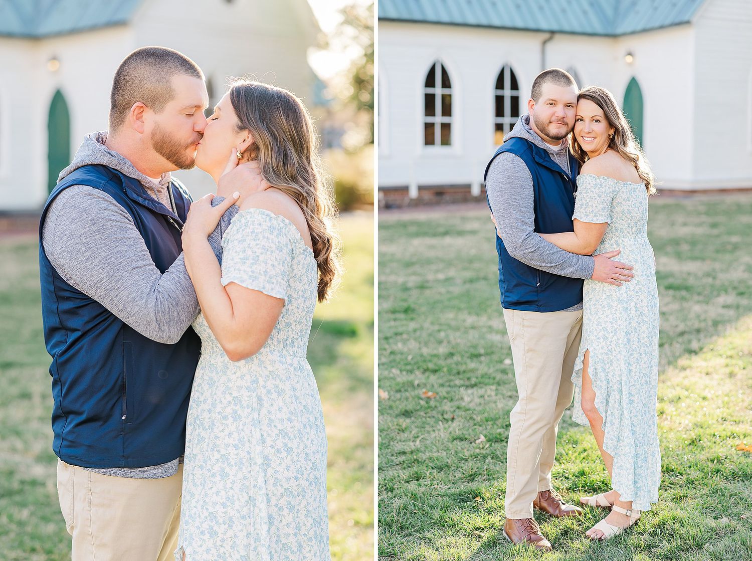 A couple shares a romantic moment together outside a white church in casual dressy attire during golden hour.