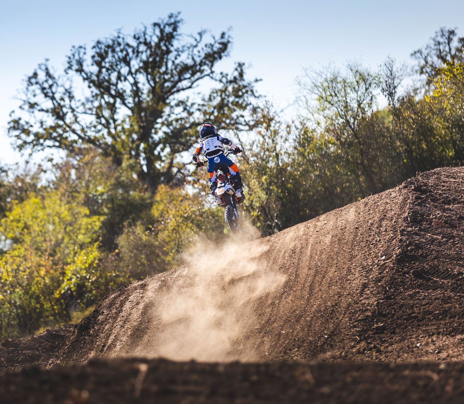 Dirt bike rider launches over dusty terrain jump with trees in background.
