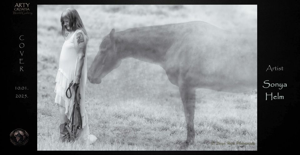 Vintage black and white photograph showing silhouette of horse and figure in flowing dress.