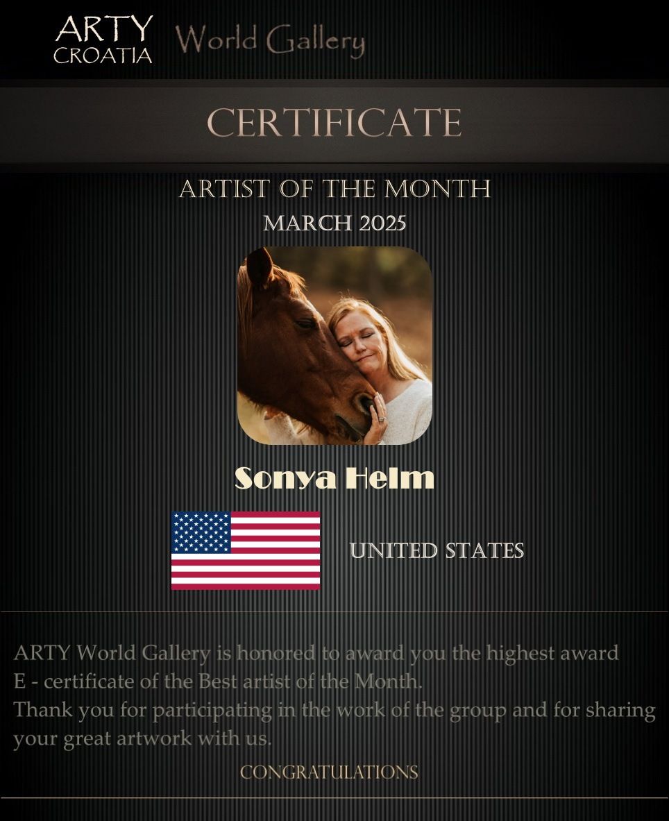 Artist of the Month certificate with American flag and equine photography.